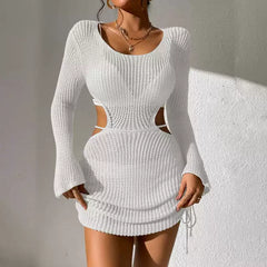 Einfarbiger Strick-Cover-Up mit Hohlloch-Design & Kordelzug