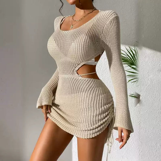 Einfarbiger Strick-Cover-Up mit Hohlloch-Design & Kordelzug