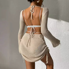 Einfarbiger Strick-Cover-Up mit Hohlloch-Design & Kordelzug