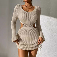 Einfarbiger Strick-Cover-Up mit Hohlloch-Design & Kordelzug