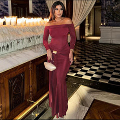 Velvet Muse” – Off-Shoulder Maxi Dress