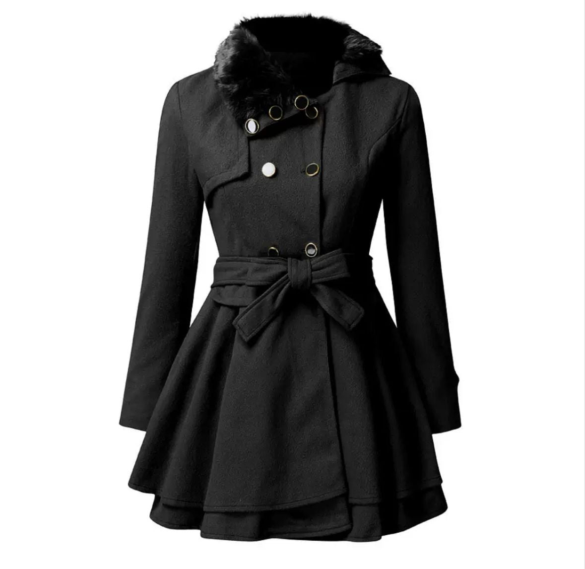 Elegance Noir – Damen Wintermantel mit Taillengürtel & Kunstpelzkragen