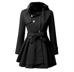 Elegance Noir – Damen Wintermantel mit Taillengürtel & Kunstpelzkragen