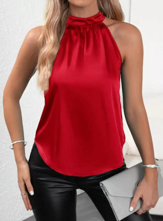 Samtglanz – Satin-Top mit Stehkragen