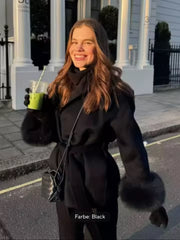 Luxuriöser Wollmantel mit Fuchspelz – Elegant & Zeitlos in Grau