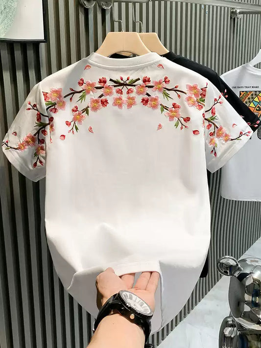 Luxus Herren T-Shirt mit Pflaumenblüten-Stickerei