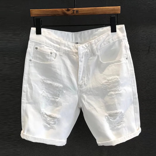 Weiße Ripped Denim Bermudas mit Stretch