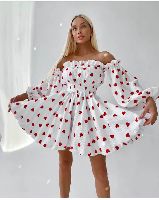 Retro-Look Schlankes One-Shoulder Kleid mit Herz-Print