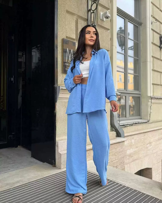 plain long-sleeved shirt with lapels & casual trousers in European-American style