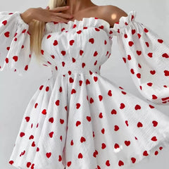 Retro-Look Schlankes One-Shoulder Kleid mit Herz-Print