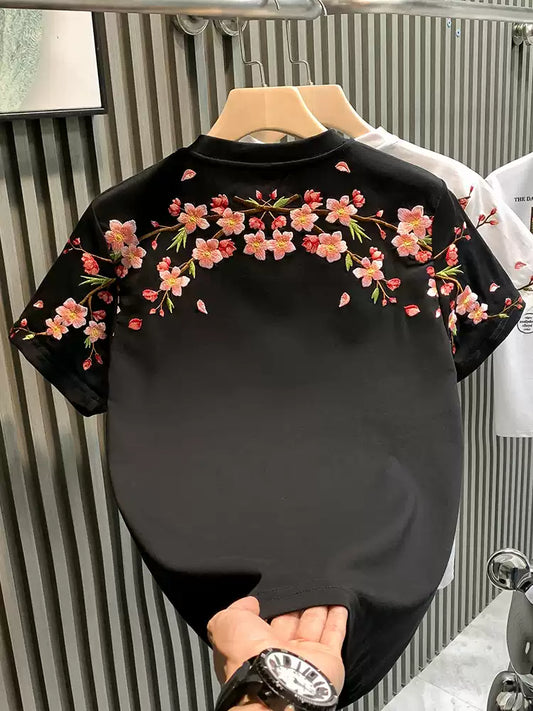 Luxus Herren T-Shirt mit Pflaumenblüten-Stickerei