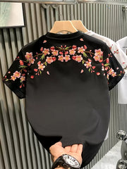 Luxus Herren T-Shirt mit Pflaumenblüten-Stickerei