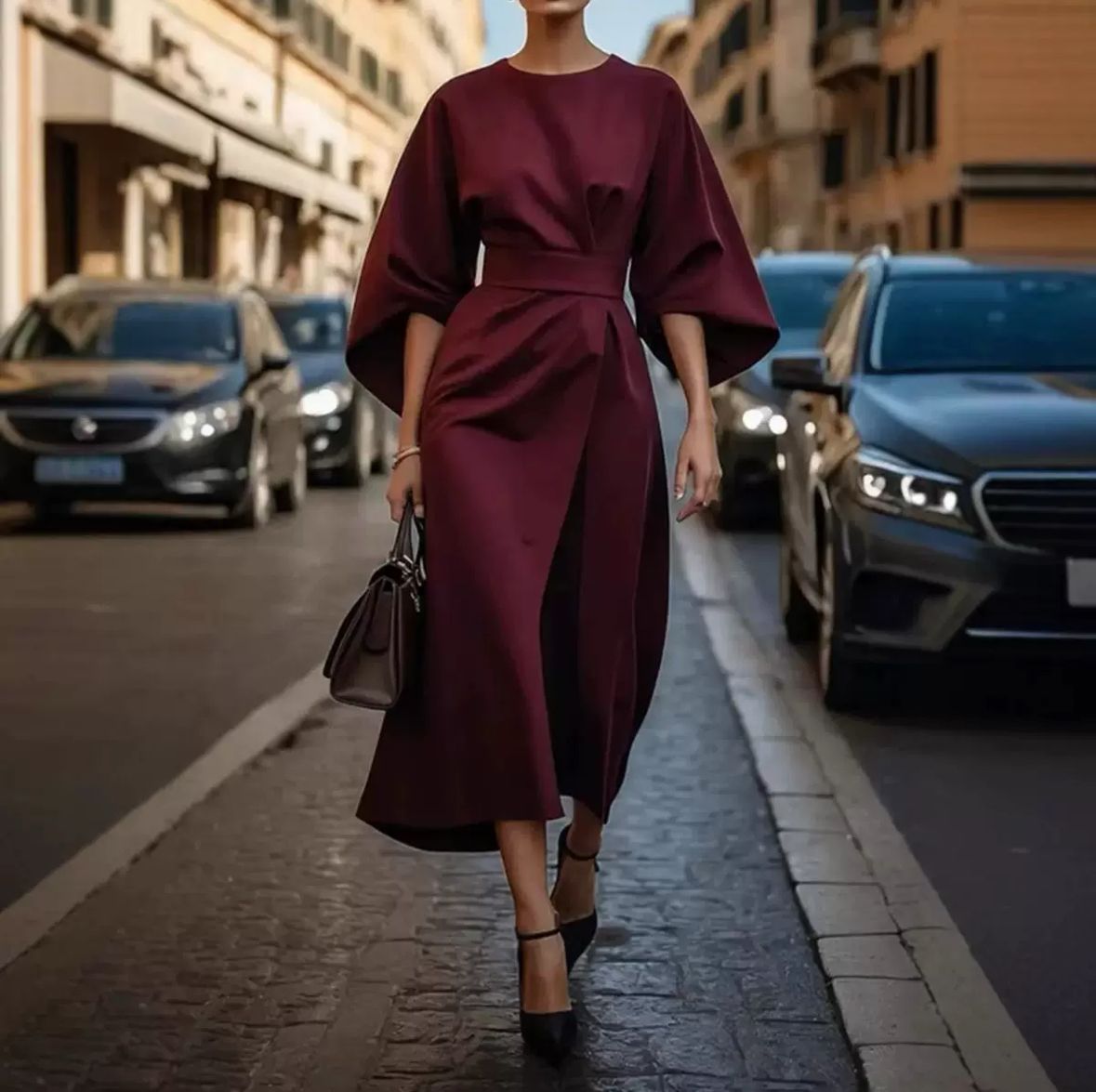 Elegantes Midikleid mit Taillengürtel und Statement-Ärmeln