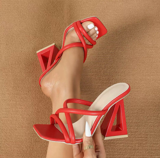 Luna” Red Statement Heels with Geometric Heel