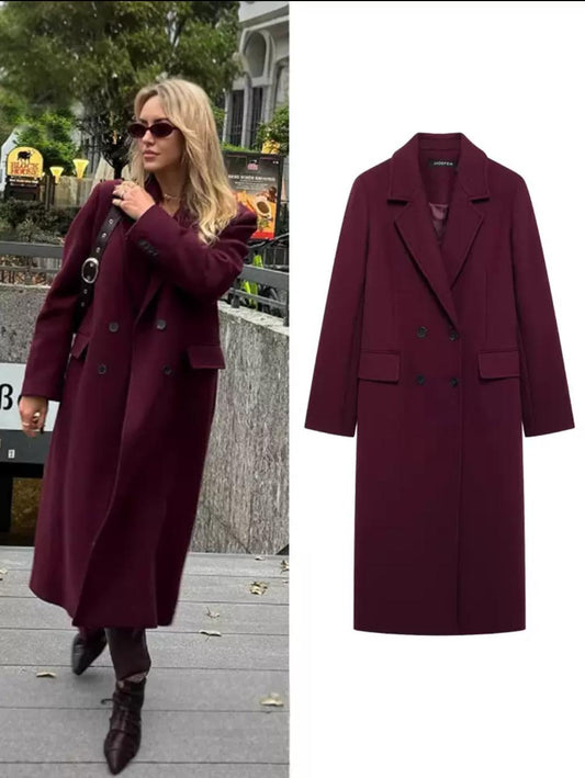 Bordeaux Elegance – Double-Breasted Wool Coat