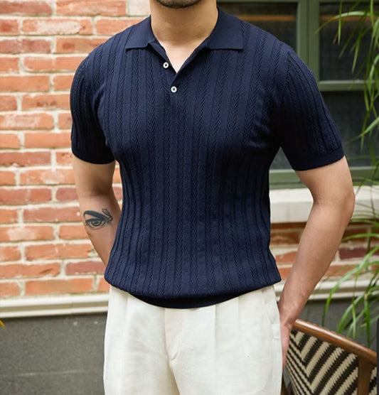 Marin Blau – Feinstrick-Polo aus Baumwolle