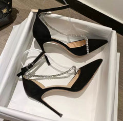 Eleganza Crystal High Heels – Black stilettos with rhinestone chain